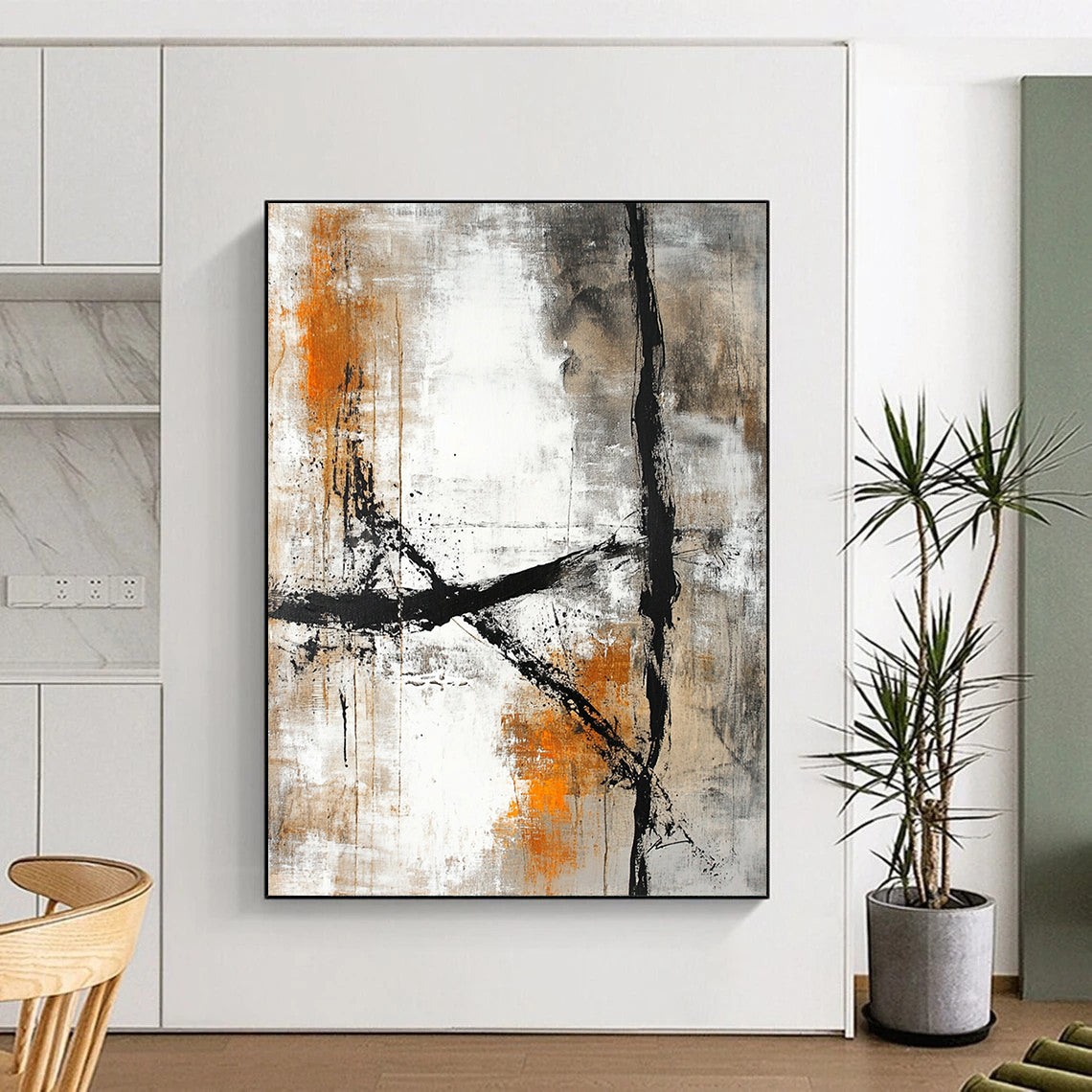 Contemporary hand-painted abstract art featuring a textured canvas with beige and white colors, accented by dark gray lines and light orange tones. DLZ0288