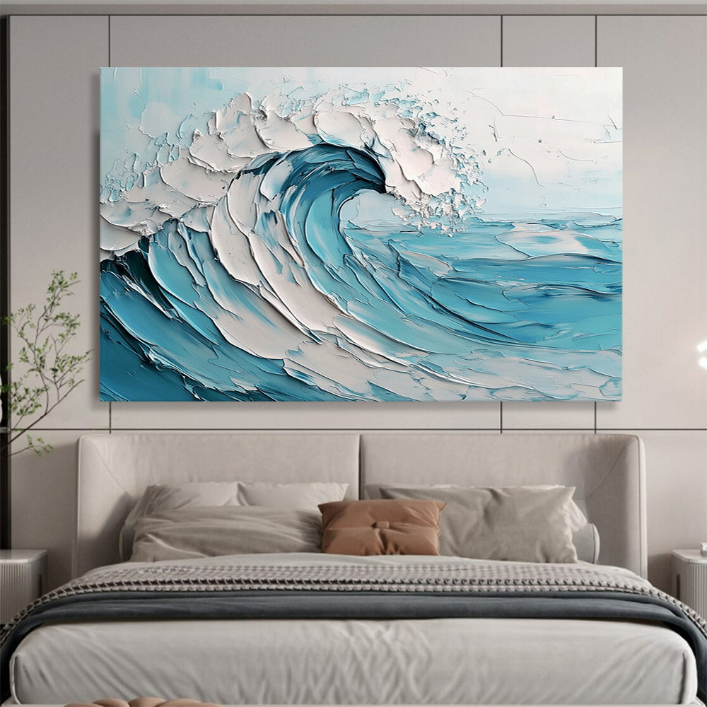 Blue and White Textured Wave "Crashing Serenity" Painting On Canvas HB0419