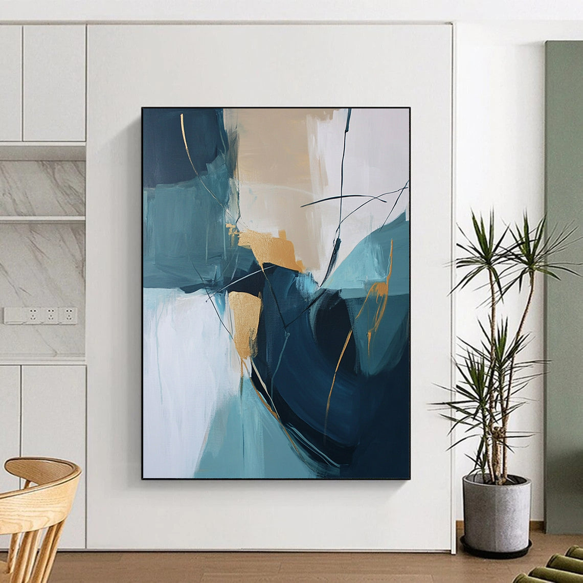 Large contemporary hand-painted abstract artwork featuring beige and teal colors with thick brush strokes and gold accents. DLZ0728