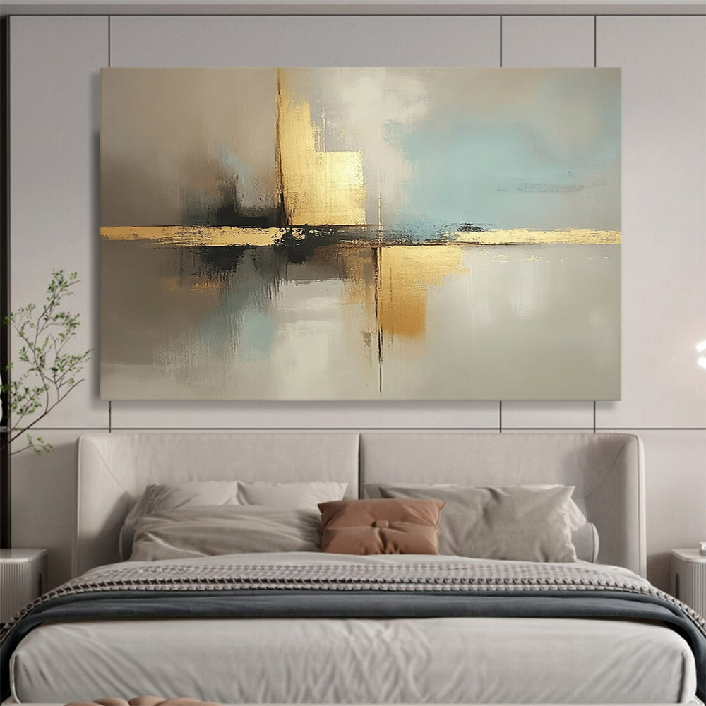 “Neutral Tones with Gold Cross” - Beige, light blue, gray, gold; Abstract cross with gold in neutral tones; Acrylic Painting On Canvas HB1248