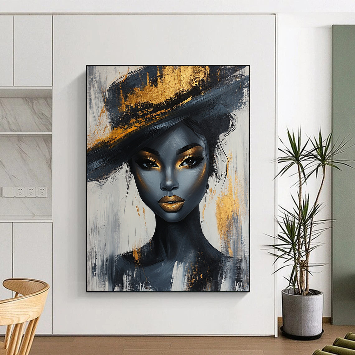 Contemporary abstract portrait of a Black woman with gold accents and elegant hat on white and grey background, crafted in acrylic on canvas. DLZ0784