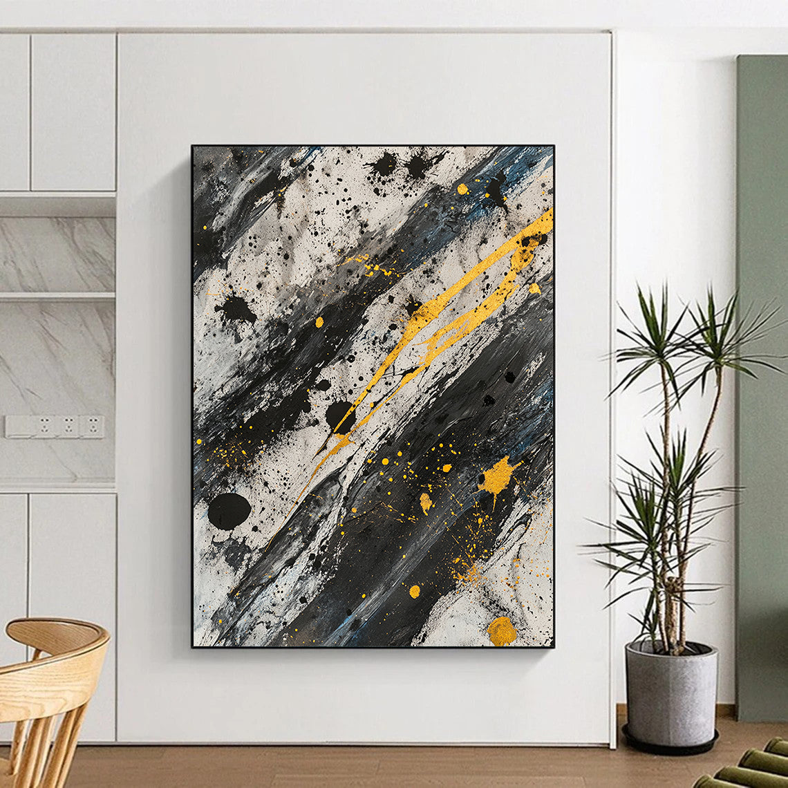 Black, White, Gray and Gold Splatter "Gilded Chaos" Painting On Canvas HB305