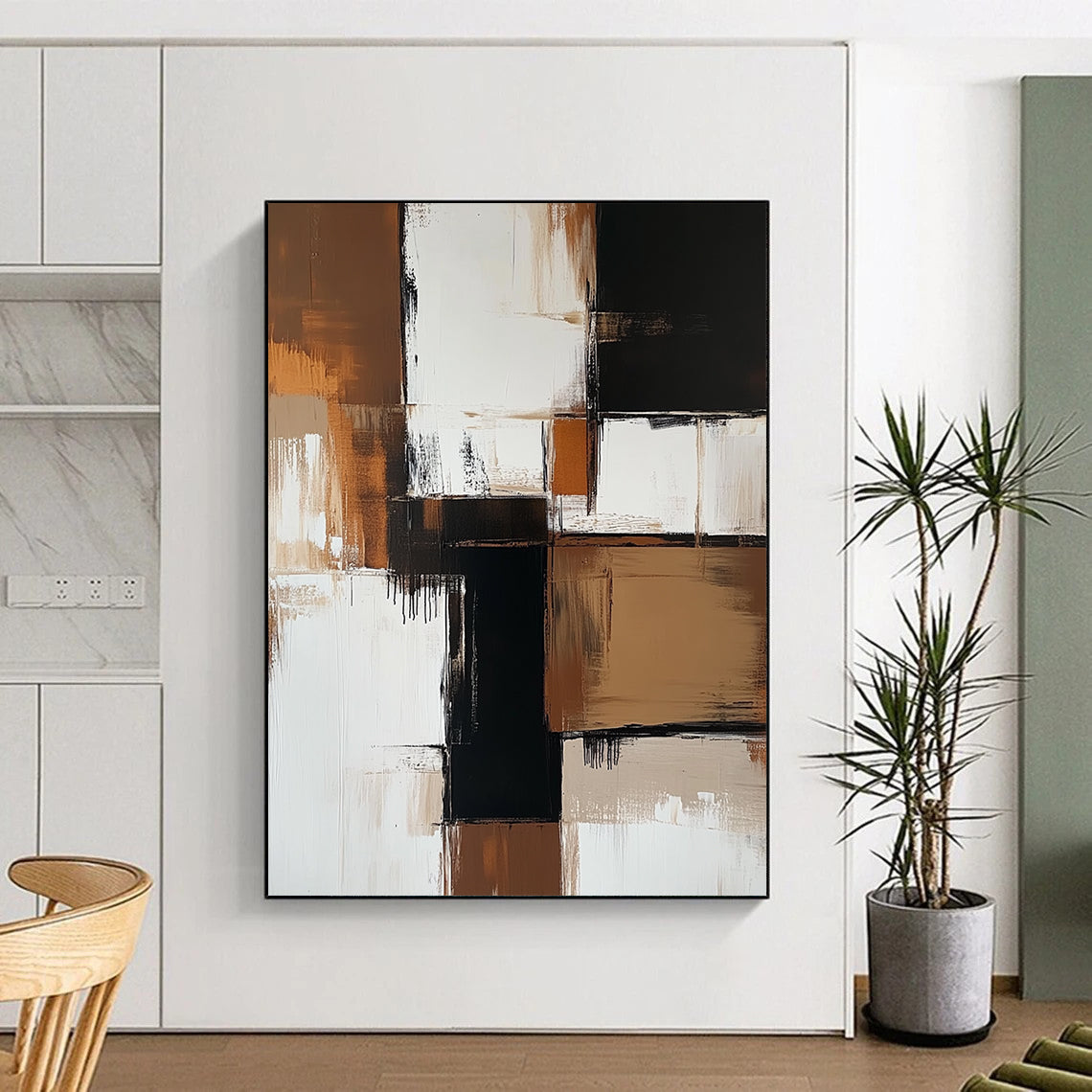 Contemporary hand-painted abstract art featuring bold brown and white color blocks with beige tones and striking black accents, showcasing minimalistic brush strokes. DLZ0735