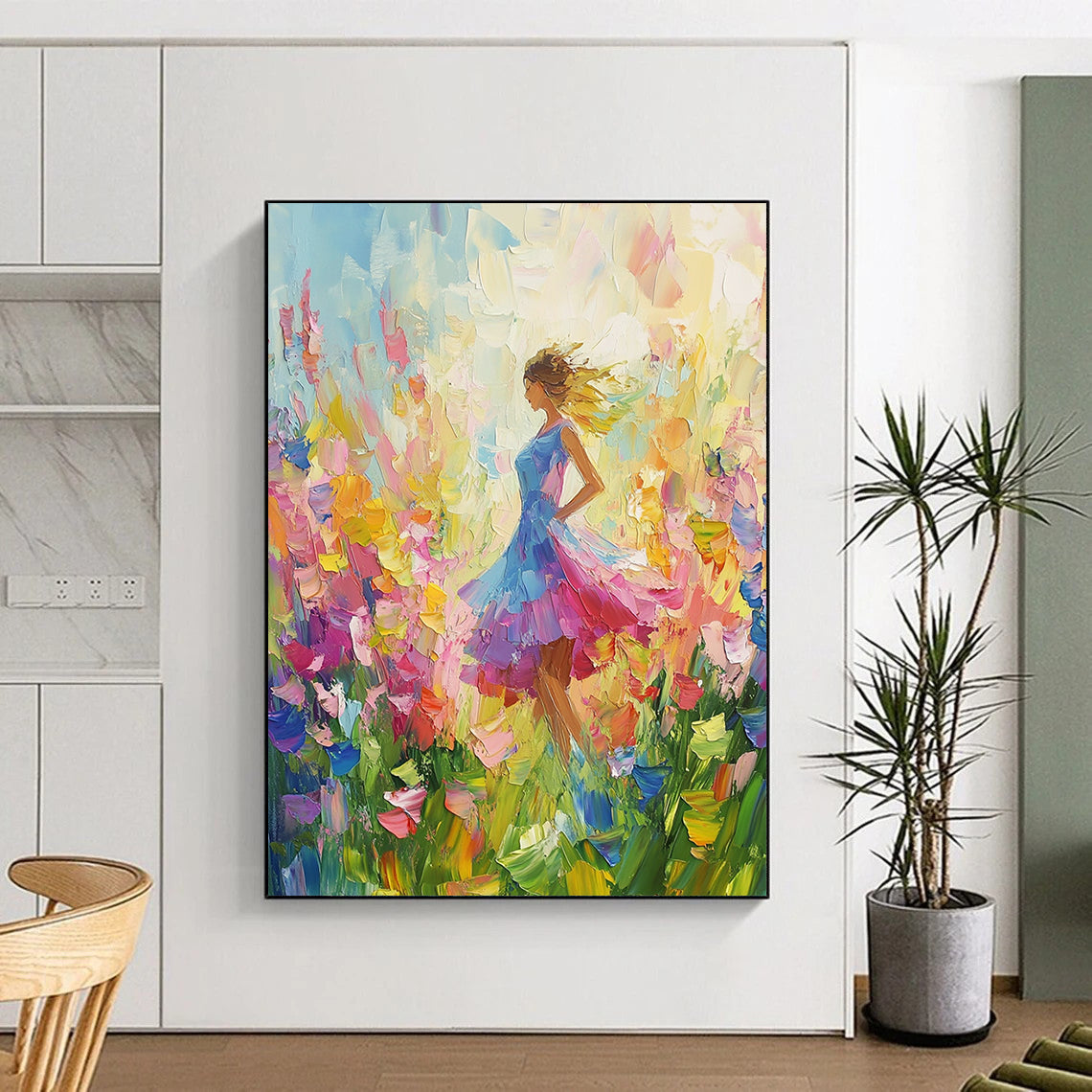 Vibrant contemporary abstract painting featuring colorful wildflowers with a palette knife technique against a soft-hued background. Perfect for brightening any space. DLZ1570