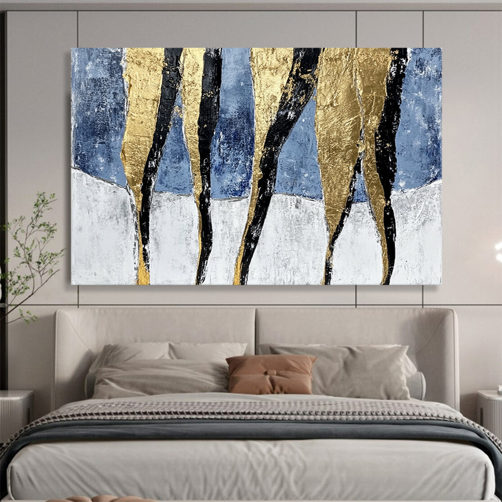 “Gold Black Stripes on Blue White” - Gold, Black, Blue, White, Striped Forms - Painting On Canvas HB1416