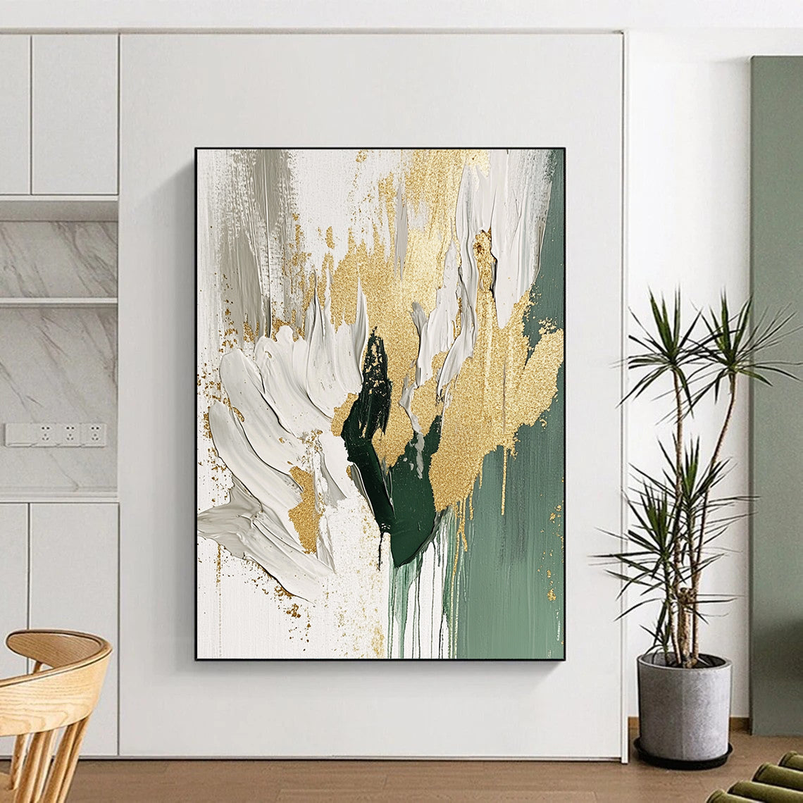 Contemporary abstract artwork featuring a beige and white palette with gold foil accents flowing brush strokes and sage green splashes on a white background. DLZ0906