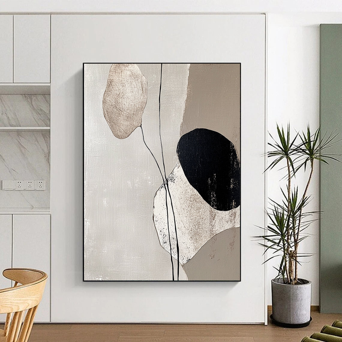 Contemporary hand-painted abstract art featuring tranquil beige tones and textured stone-like forms highlighting calmness and minimalism in any space. DLZ1132
