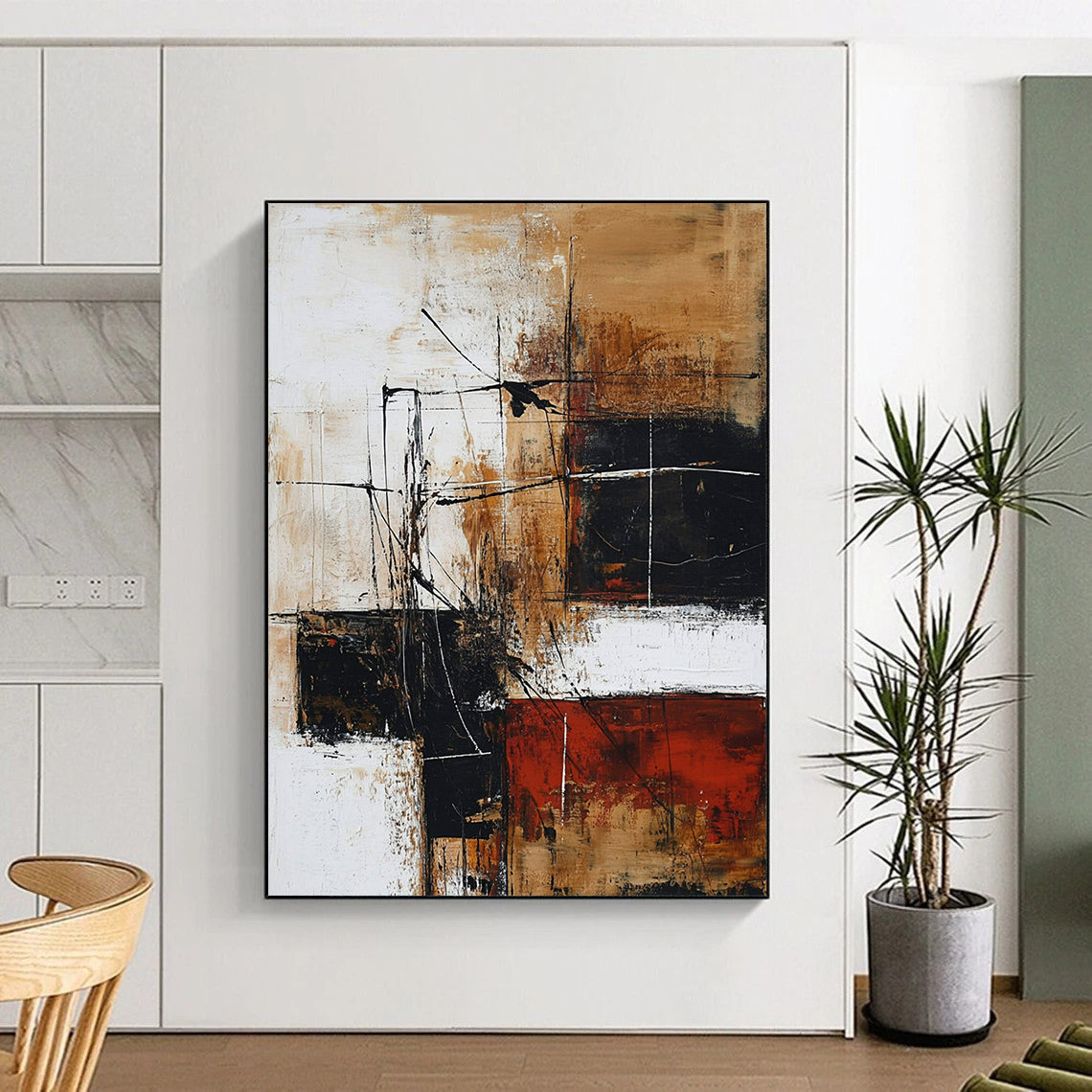 Contemporary hand-painted abstract artwork features brown and black tones on white, creating depth with interlaced shapes and loose strokes. DLZ0734