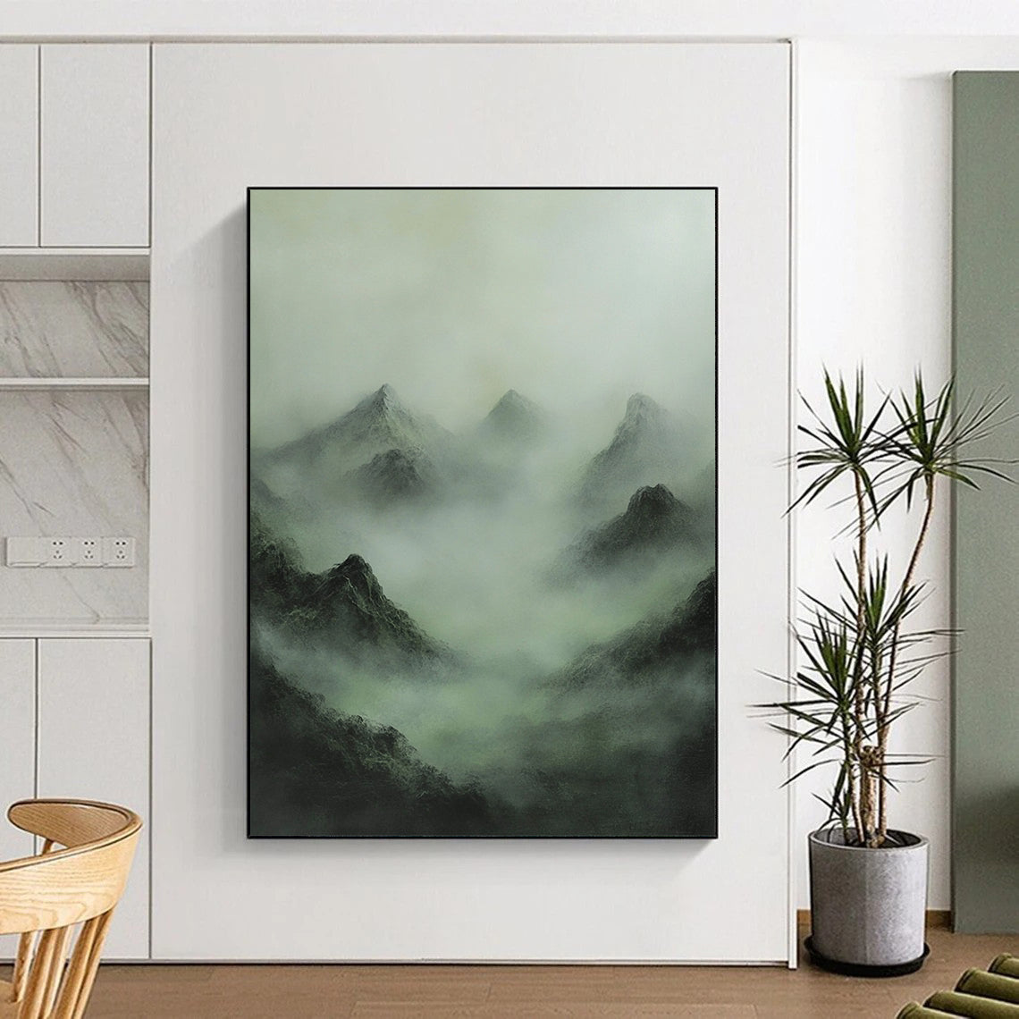Contemporary abstract painting featuring a misty mountain range in muted greens and grays, evoking enigmatic Chinese mythology and a sense of mystery. DLZ1365