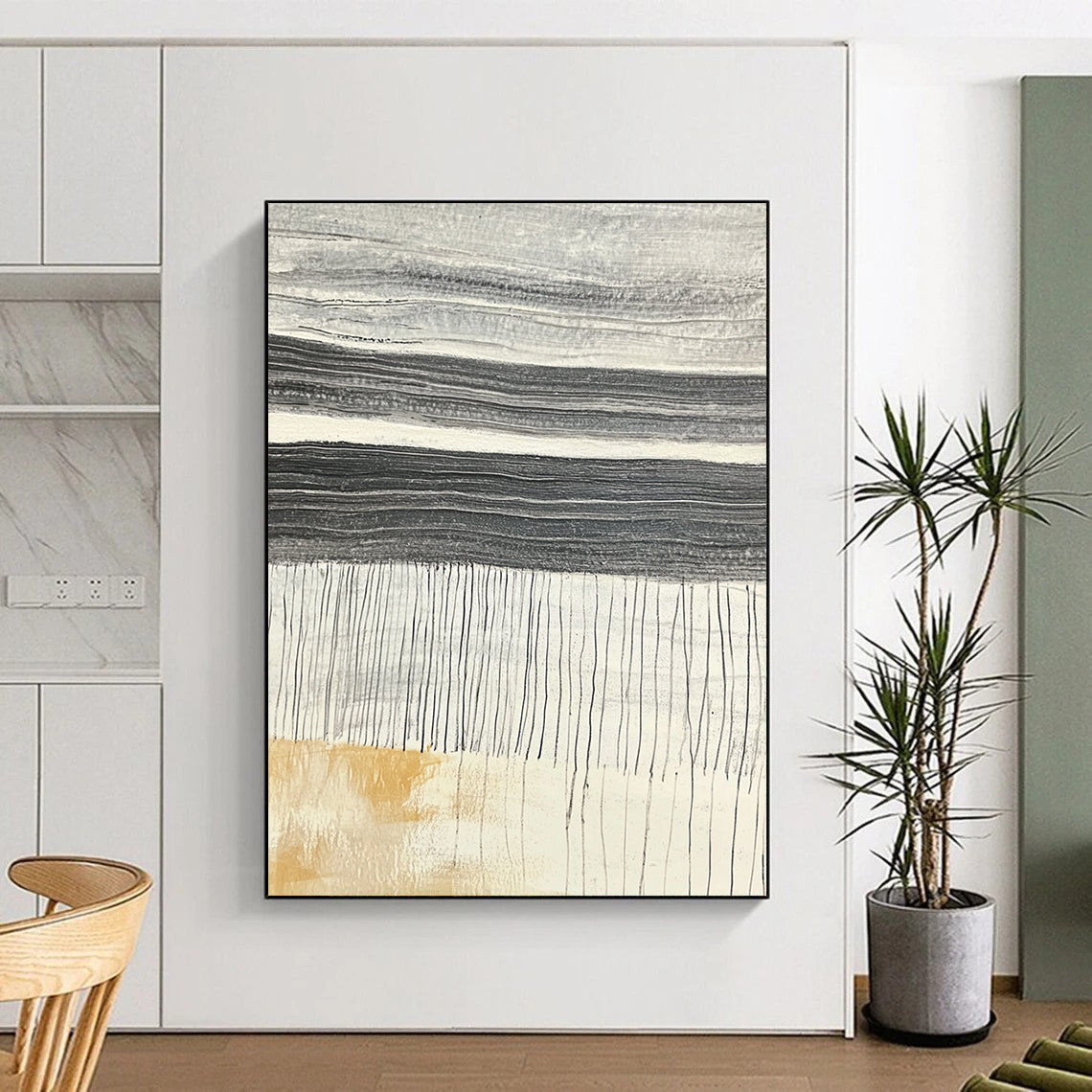 Contemporary abstract artwork showcasing textured stone slabs with dark gray horizontal ridges against a light gray background highlighting vibrant yellow chalk strokes. DLZ1224