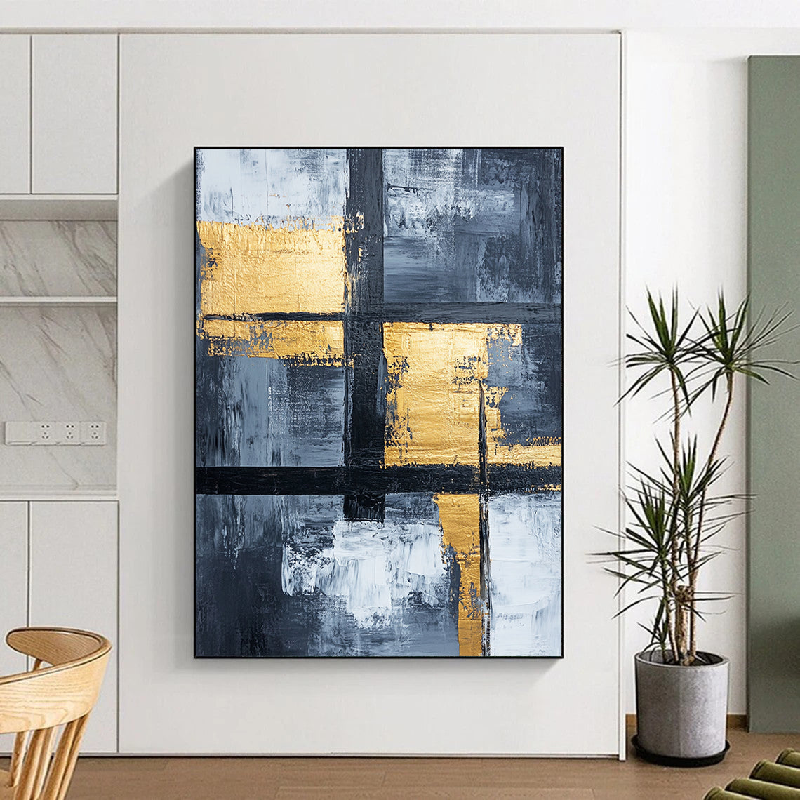 Gray, White, Gold, Black, Geometric Crosses "Gilded Grid Crossroads" Abstract Modernist Painting On Canvas HB151