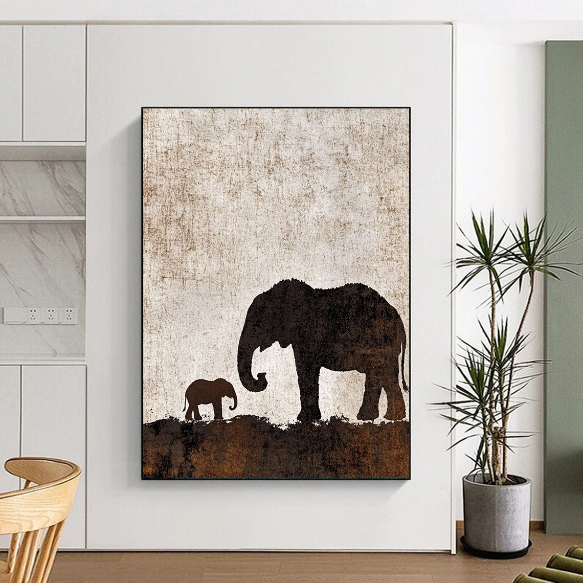 Contemporary abstract artwork featuring an elephant silhouette with calf on a textured brown and white background, perfect for any modern space. DLZ1088