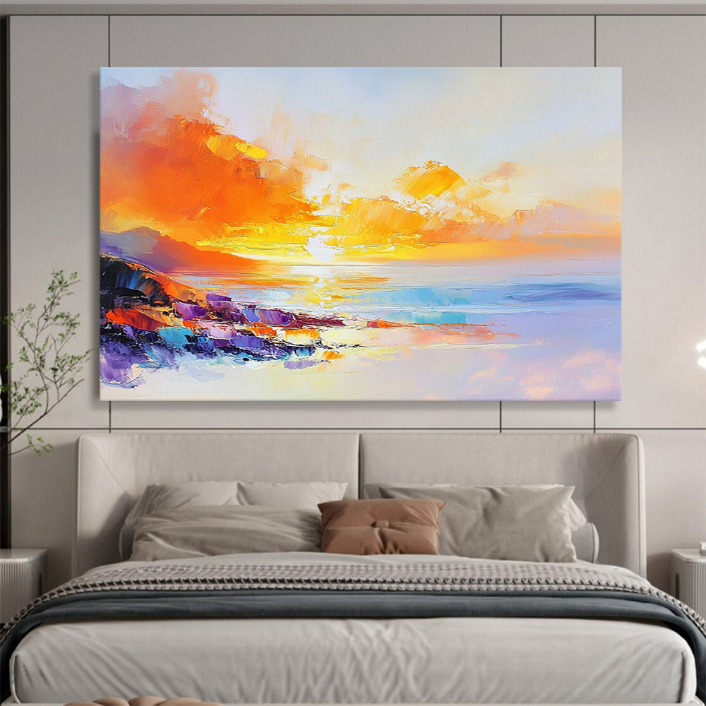 “Vibrant Sunset Coast” - Fiery Oranges, Yellows, Pinks, Colorful Coastal Cliffs - Impasto Oil Painting HB1738