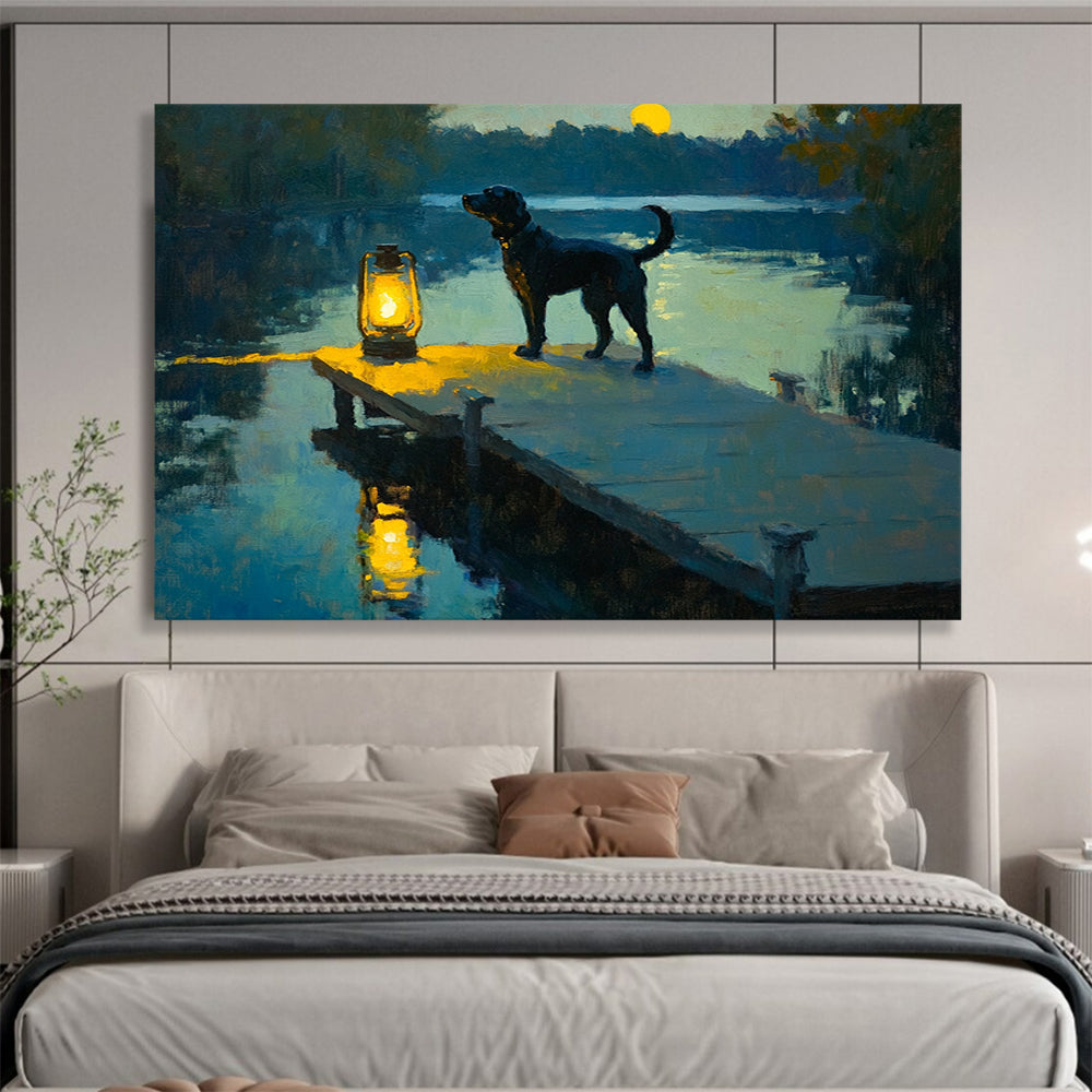 “Moonlit Dog by the Lake” - Blue, Yellow, Black Dog, Lake, Lantern - Realist Oil Painting HB1685