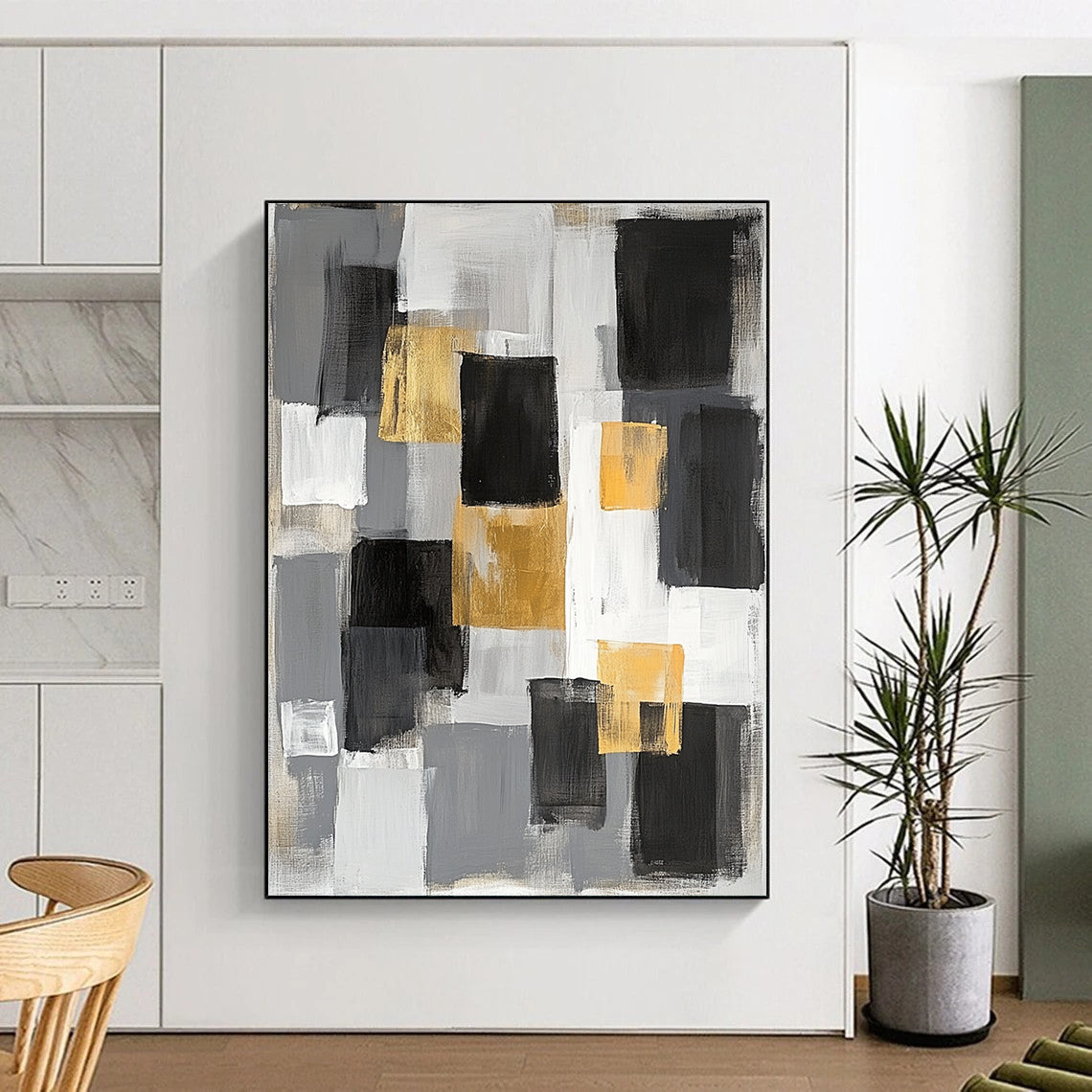 Gray, Black, Gold and White Abstract Blocks "Elegant Blocks" Painting On Canvas HB346
