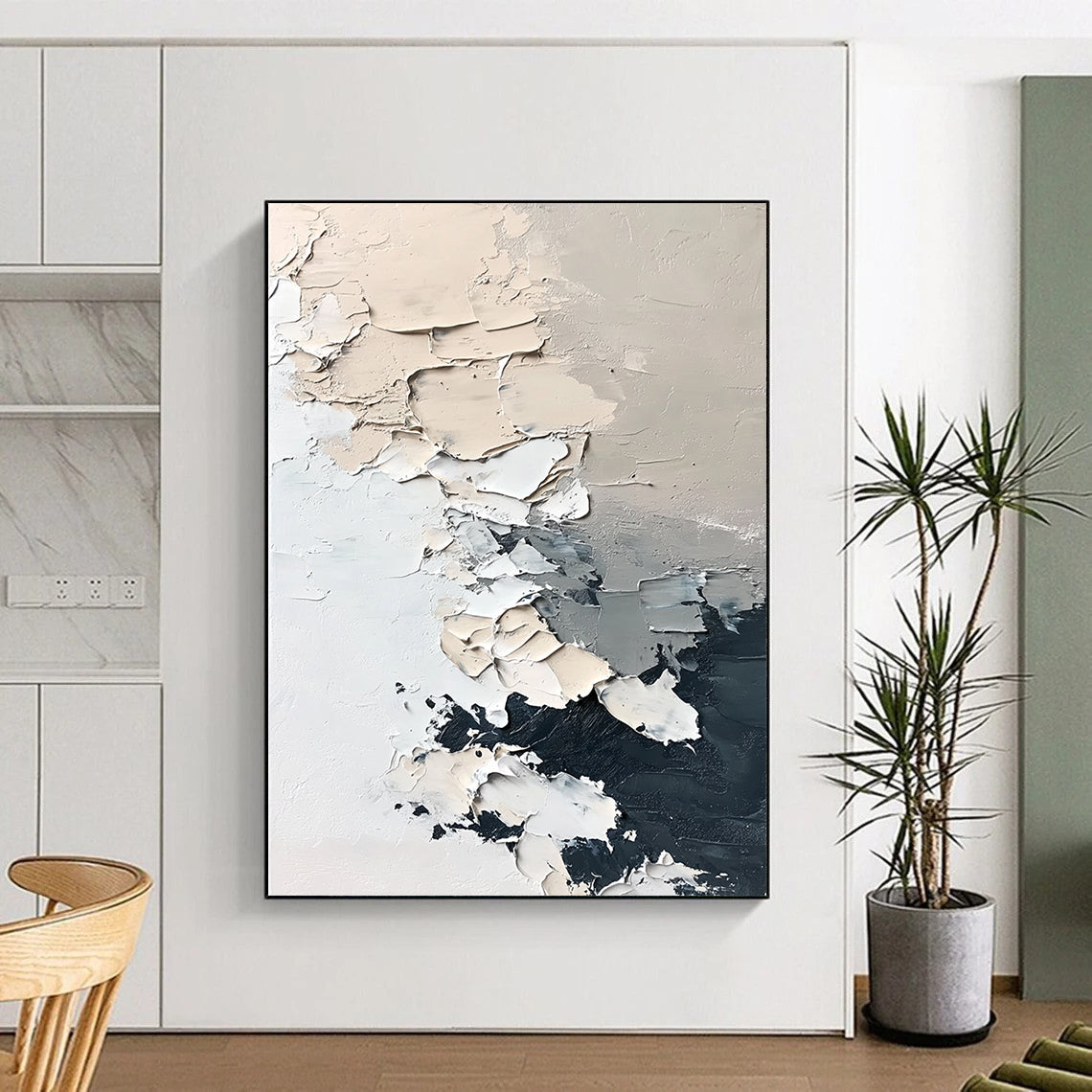 Abstract hand-painted contemporary art featuring textured icebergs and melting snowflakes in muted neutral colors with thick brush strokes on a minimalist white background. DLZ0426
