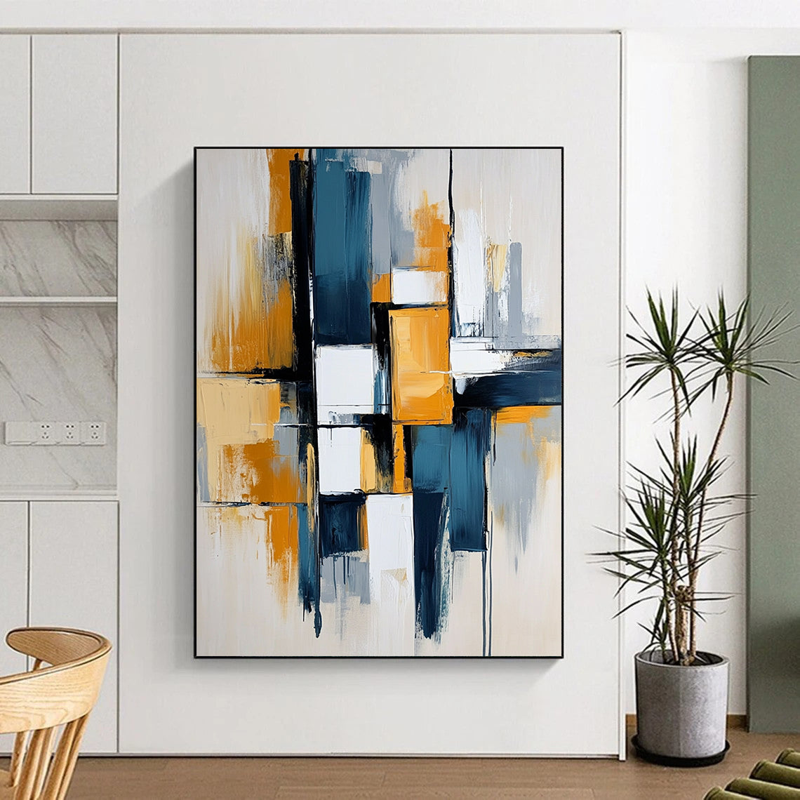 Contemporary hand-painted abstract art featuring dynamic lines and bold blocks in blue, white, gray, and mustard yellow colors for a striking visual impact. DLZ0496