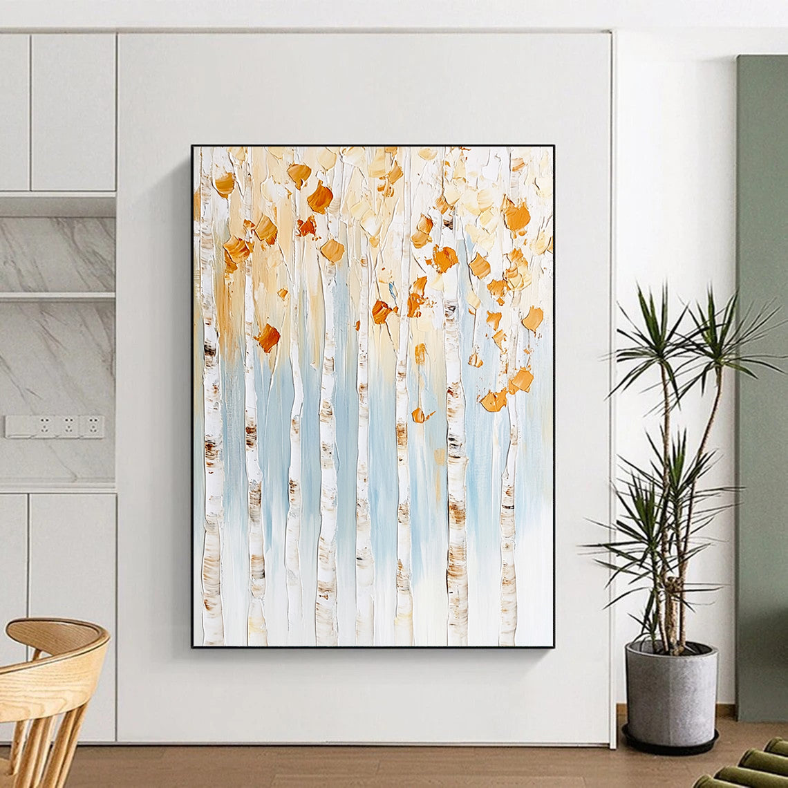 Contemporary abstract artwork featuring birch trees with gold and white leaves against a light blue background with textured brush strokes and floral accents. DLZ0976