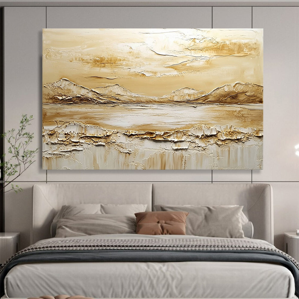 “Earthy Tones Textured Landscape” - Beige, Brown, White, 3D Mountain - Lake Abstract Painting On Canvas HB0982