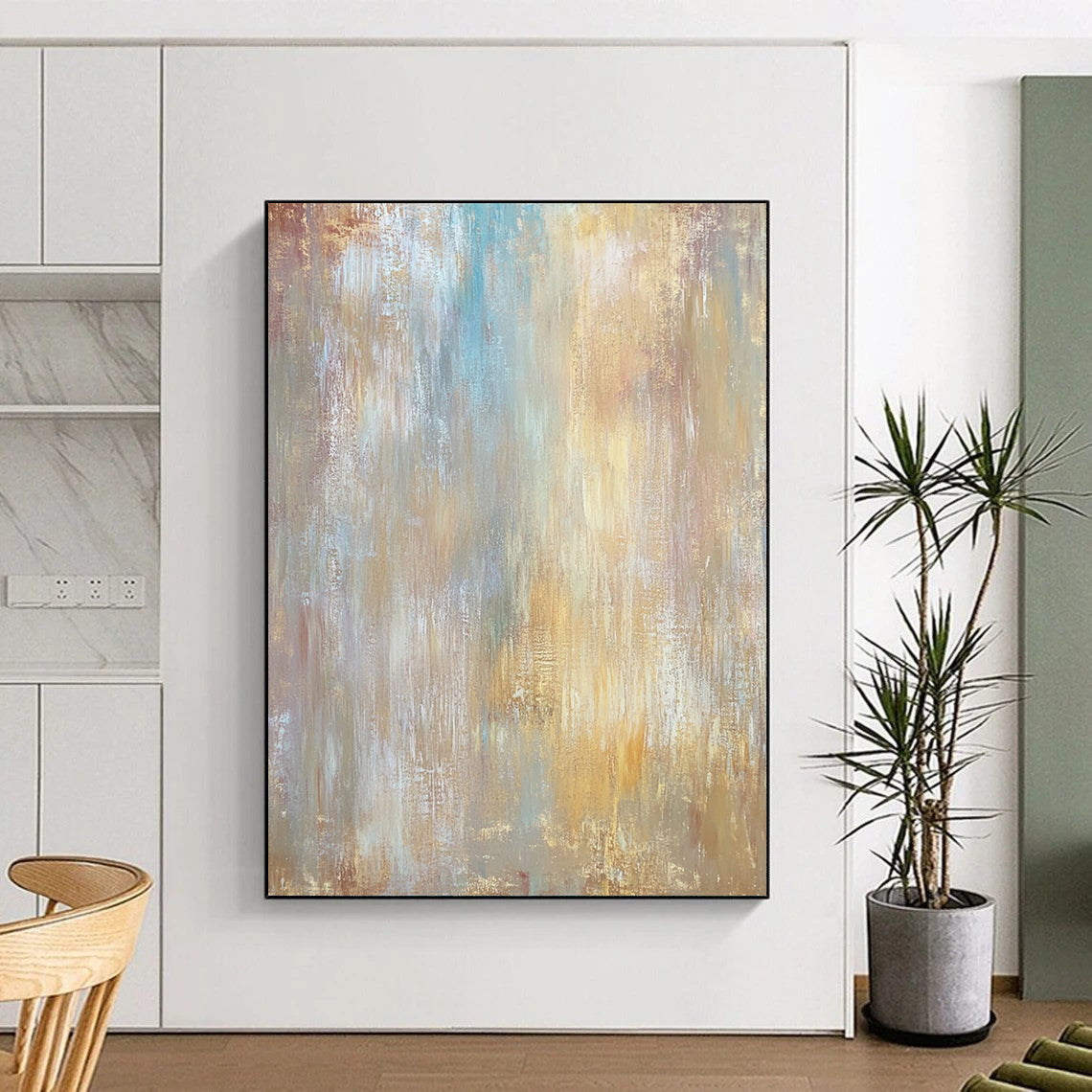 Contemporary abstract artwork features muted earth tones with soft textures and large brush strokes on wood for a stunning visual impact. DLZ0900