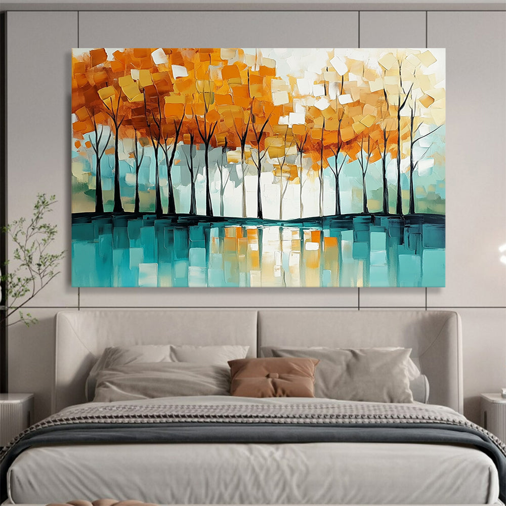 “Autumn Tree Reflection” - Orange - yellow trees, teal reflection, Abstract Landscape Painting On Canvas HB0566