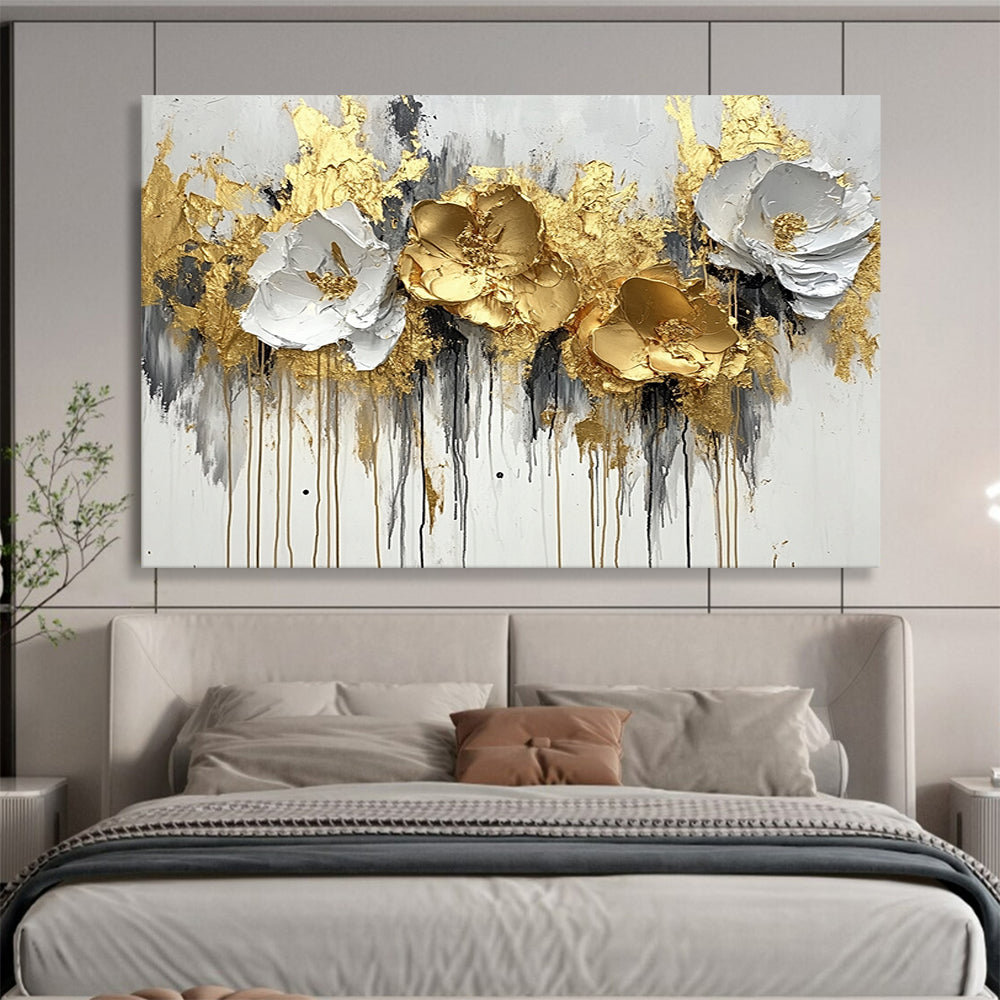 “Gold - White Floral Abstract” - Gold, White, Gray, Textured Flowers - Painting On Canvas HB1414