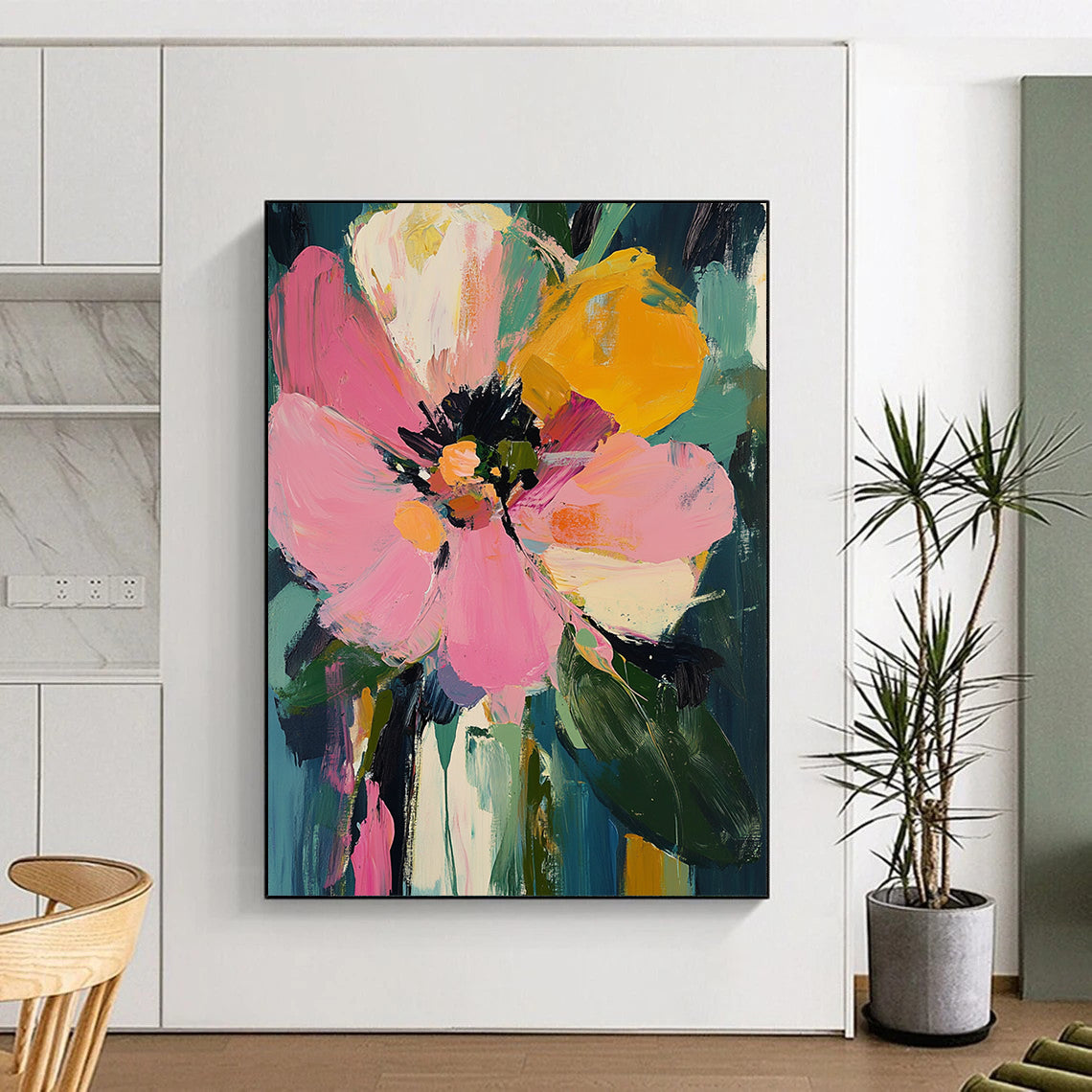 Vibrant contemporary painting featuring oversized pink and yellow flowers, lush dark green leaves, and expressive thick brush strokes. DLZ0381