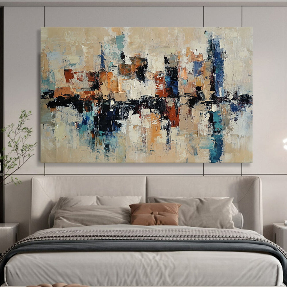 “Cityscape Abstract” - Beige, Blue, Brown, White with Reflective Shapes - Painting On Canvas HB1393