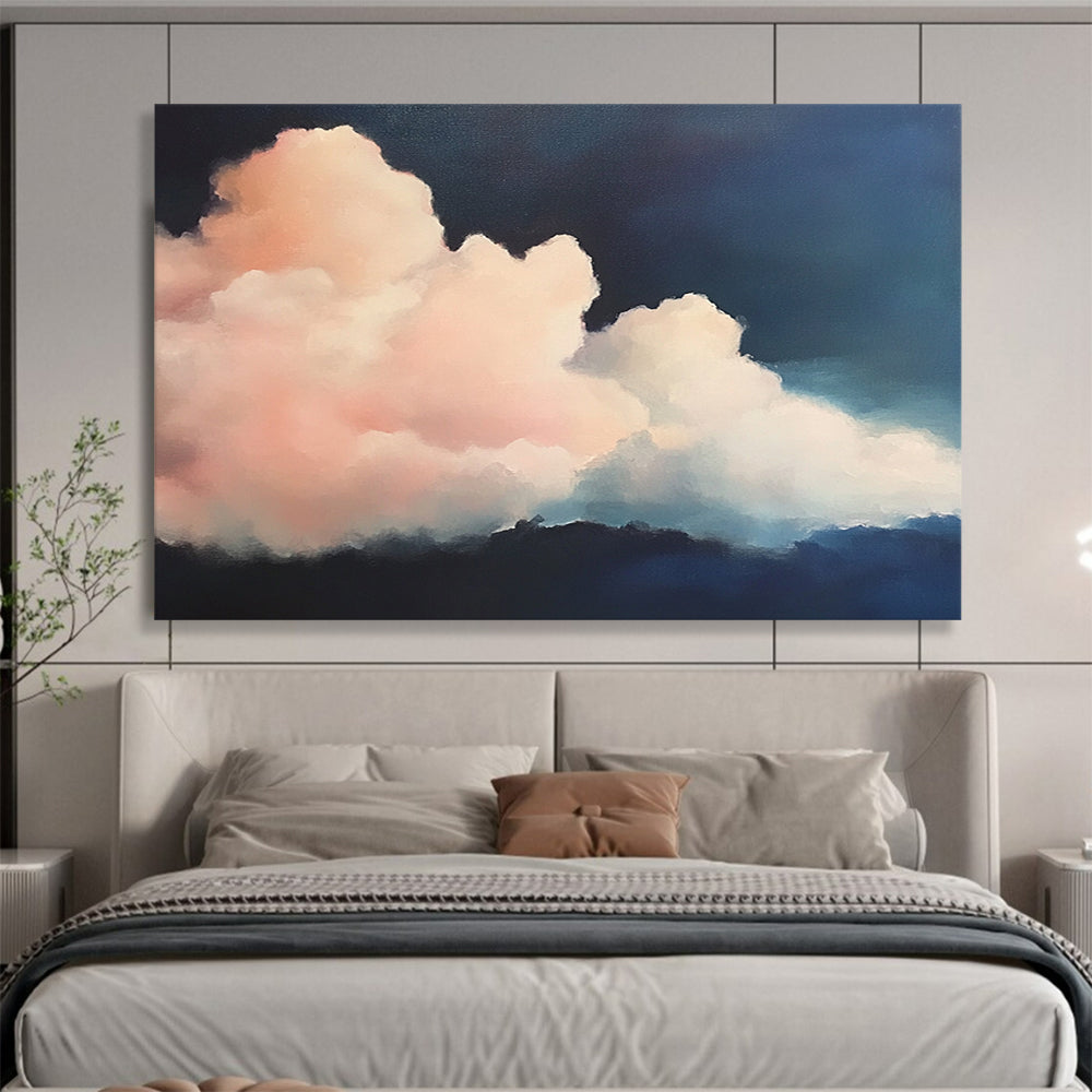 “Pink Clouds at Night” - Pinks, Blues, Dark Background, Fluffy Clouds Against Night Sky - Realist Oil Painting HB1710