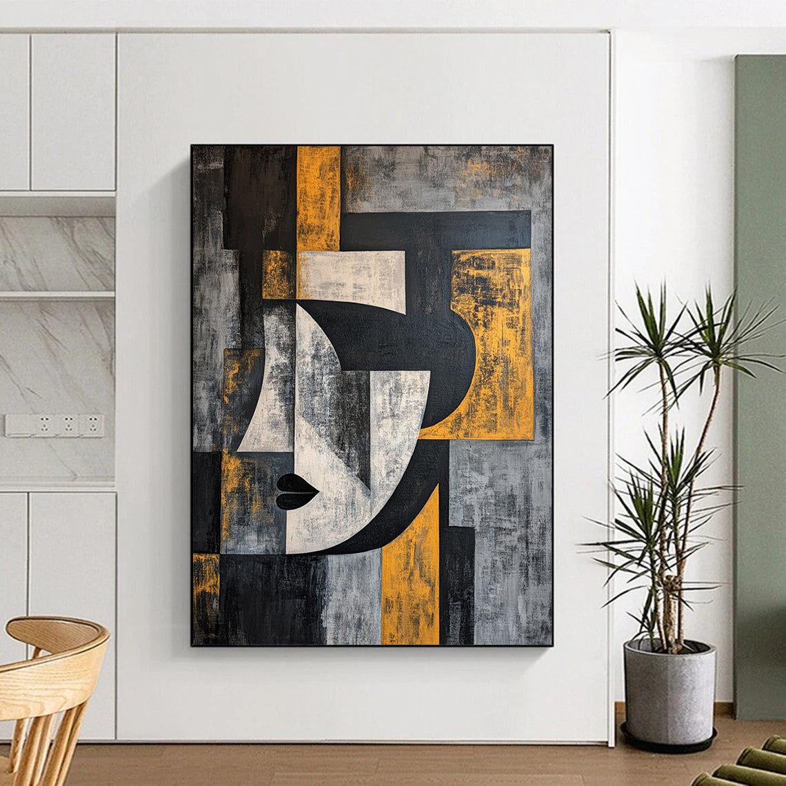 Gray, Black, White and Yellow Cubist Portrait "Abstract Identity" Painting On Canvas HB373