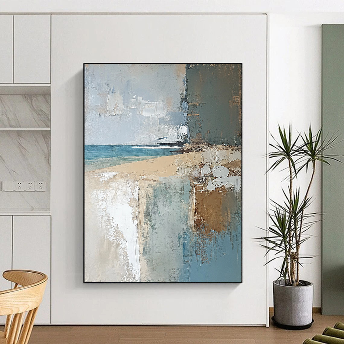 Contemporary abstract painting featuring a textured English beach scene in muted earthy tones, showcasing light blue, brown, neutral green, and grey. DLZ0454