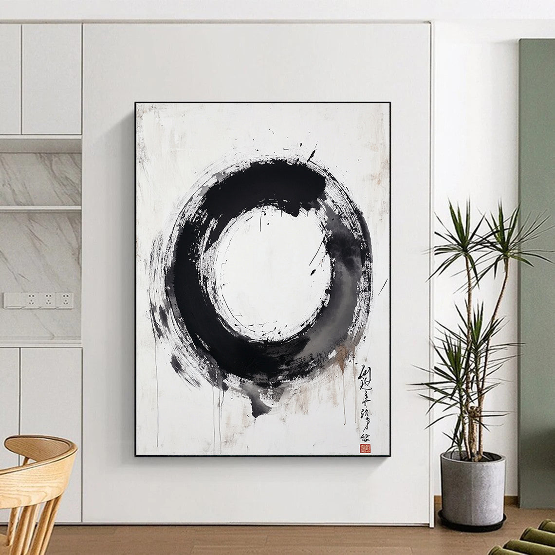 Black, White, Textured Circle "Pure Enso" Abstract Minimalist Painting On Canvas HB107