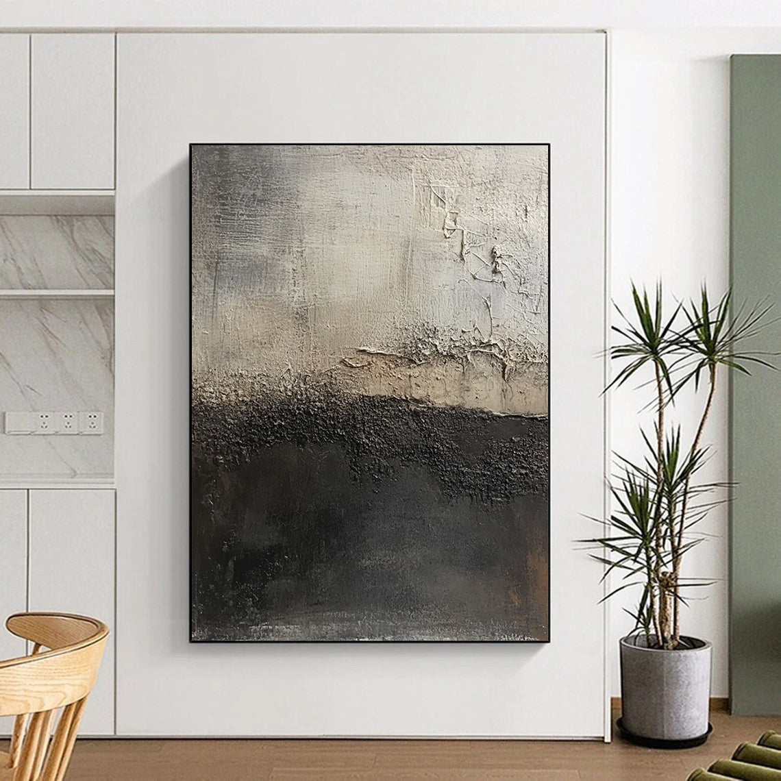 Contemporary large hand-painted abstract artwork featuring dark gray and light brown textures highlighting decay against an abstract dark gray and white background. DLZ1295