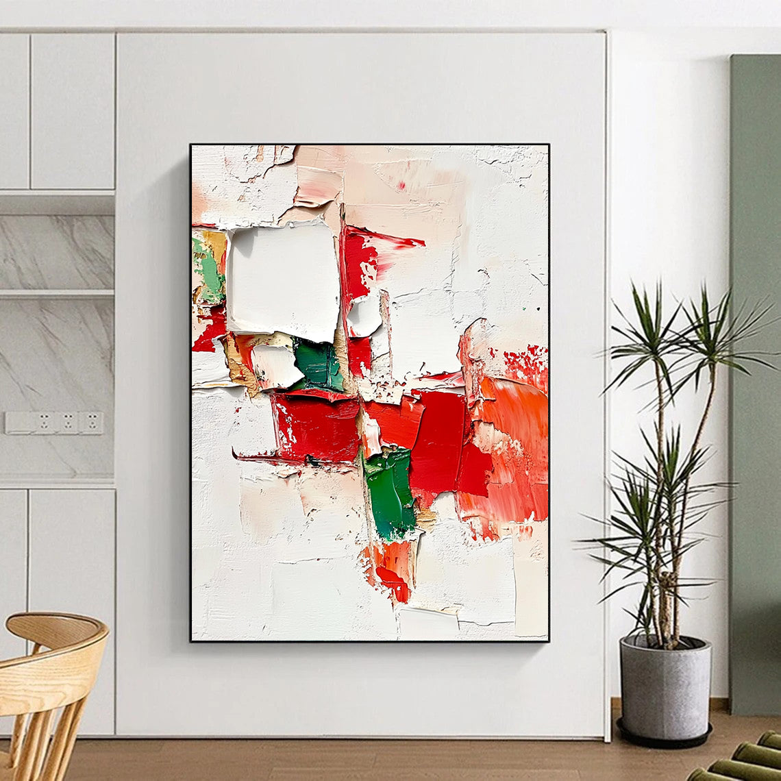 Contemporary abstract artwork showcasing torn pieces in red, green, and white with thick layers, brush strokes, and expressive paint splatters on an off-white background. DLZ0661