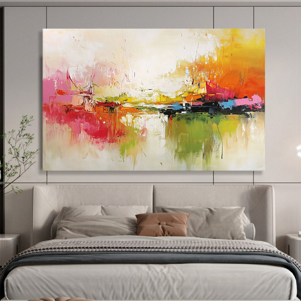“Vibrant Abstract Harbor” - Red, Yellow, Green, Blue, Bold Boats and Reflections Painting On Canvas HB0924