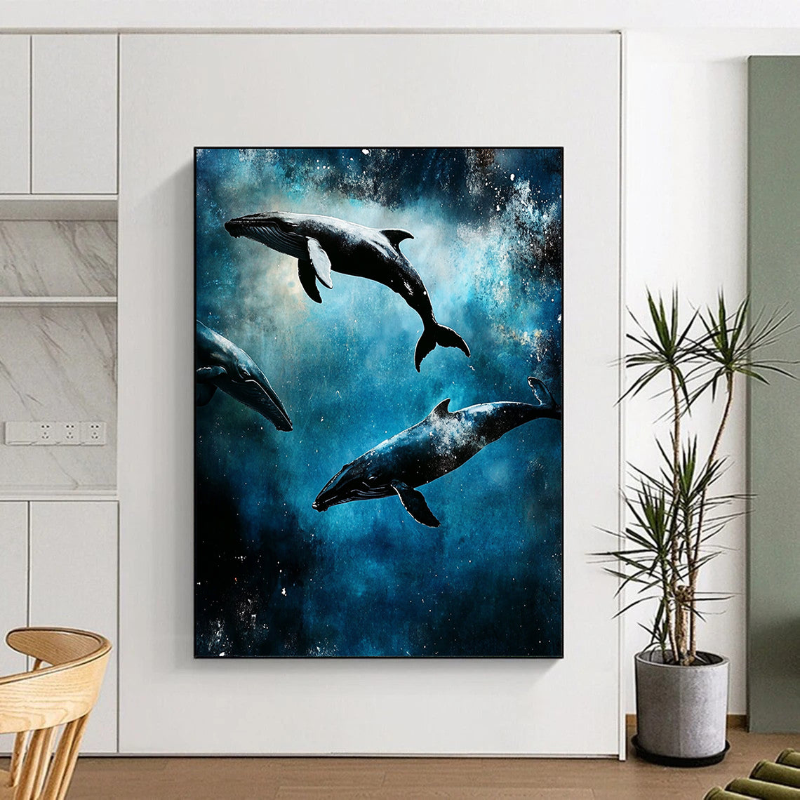 Abstract artwork showcasing ocean whales in cosmic space, featuring intricate underwater scenes, capturing a dark gritty aesthetic in digital painting style. DLZ1251