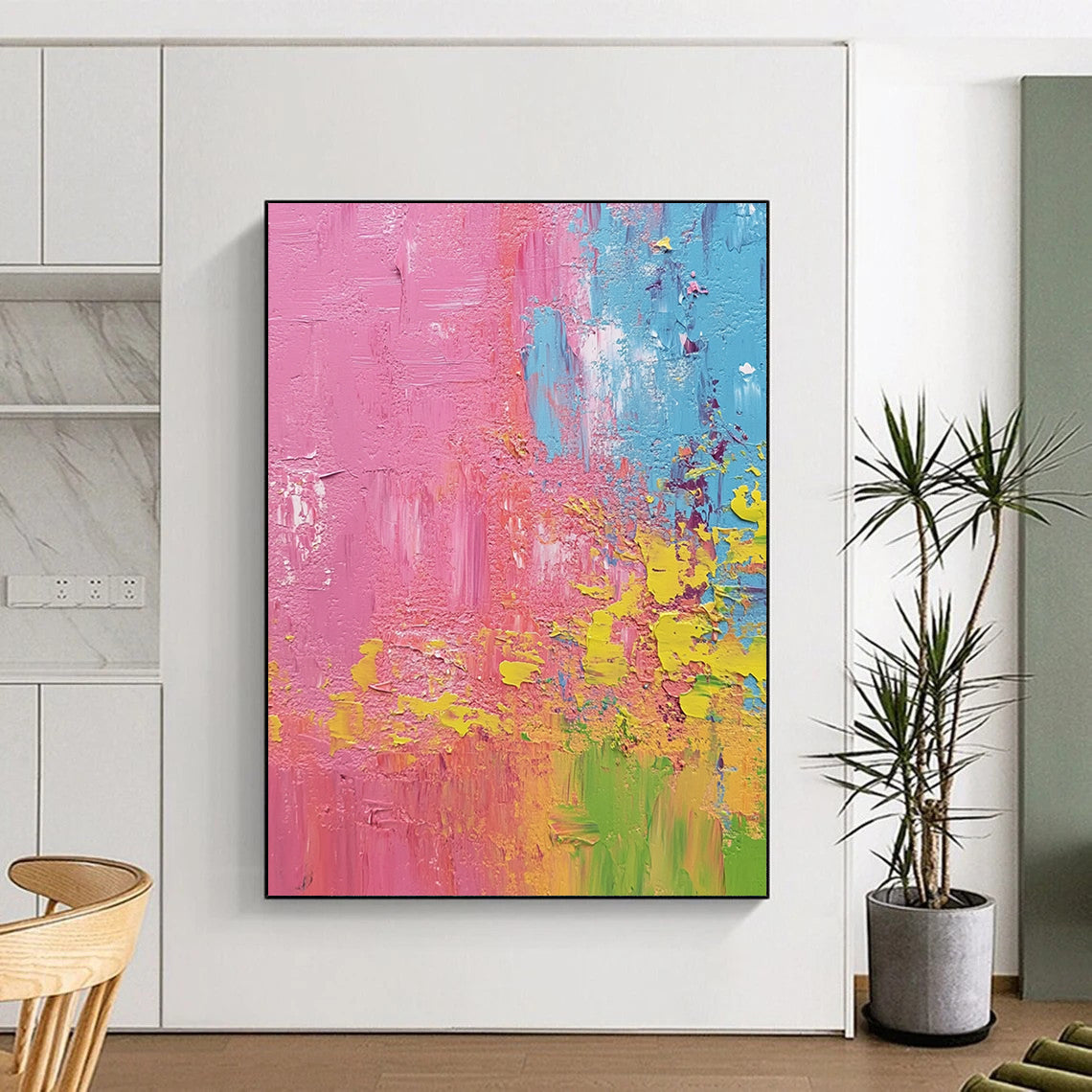 Contemporary hand-painted abstract artwork featuring pink lime green and blue highlights in a textured farmhouse scene that captures the essence of springtime. DLZ0783
