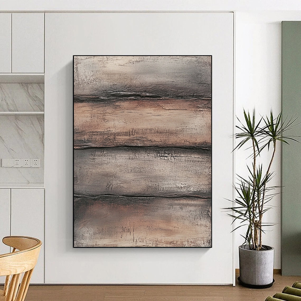 Contemporary hand-painted abstract art featuring textured layers of brown and gray evoking weathered wood in a rugged industrial style. DLZ1480
