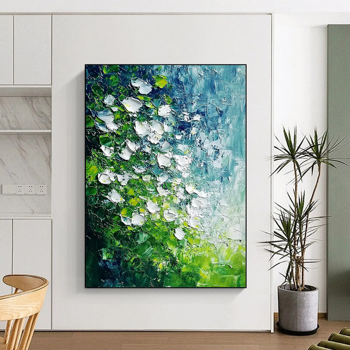 Contemporary abstract art featuring white flowers and emerald green leaves with a tranquil water effect, inspired by Monet and Van Gogh's styles. DLZ1740