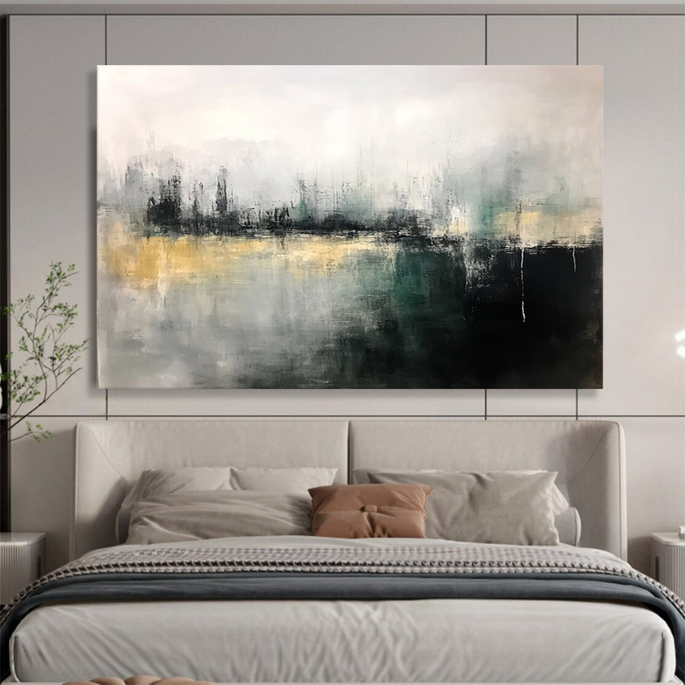 “Gray - Green Abstract Cityscape” - Gray, Green, Abstract Cityscape Painting On Canvas HB1112