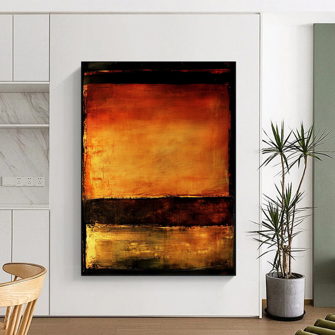 Contemporary abstract artwork features vibrant orange and brown hues with water reflections set against a dark background framed by a bold black border. DLZ0937