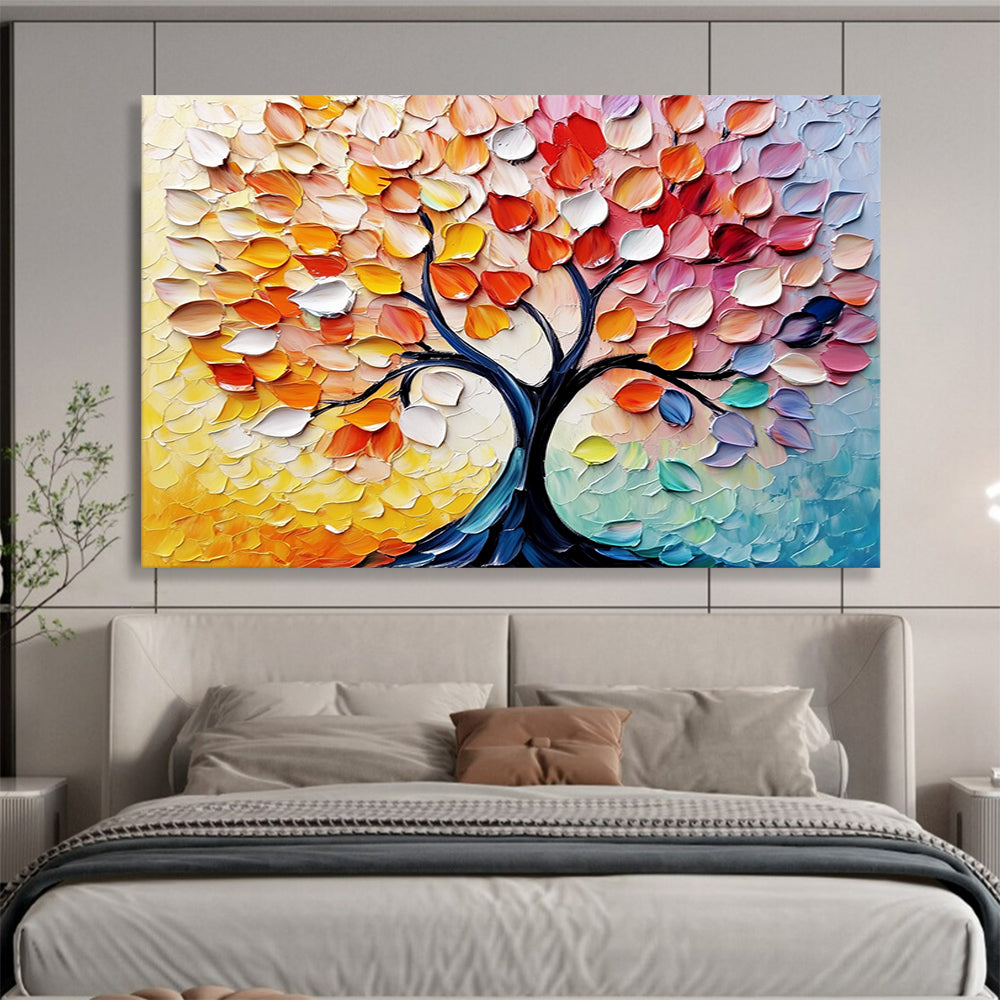 “Colorful Autumn Tree with Textured Leaves” - Yellow, Orange, Red, Pink, Colorful Leaf Textures - Palette Knife Acrylic Painting HB1637