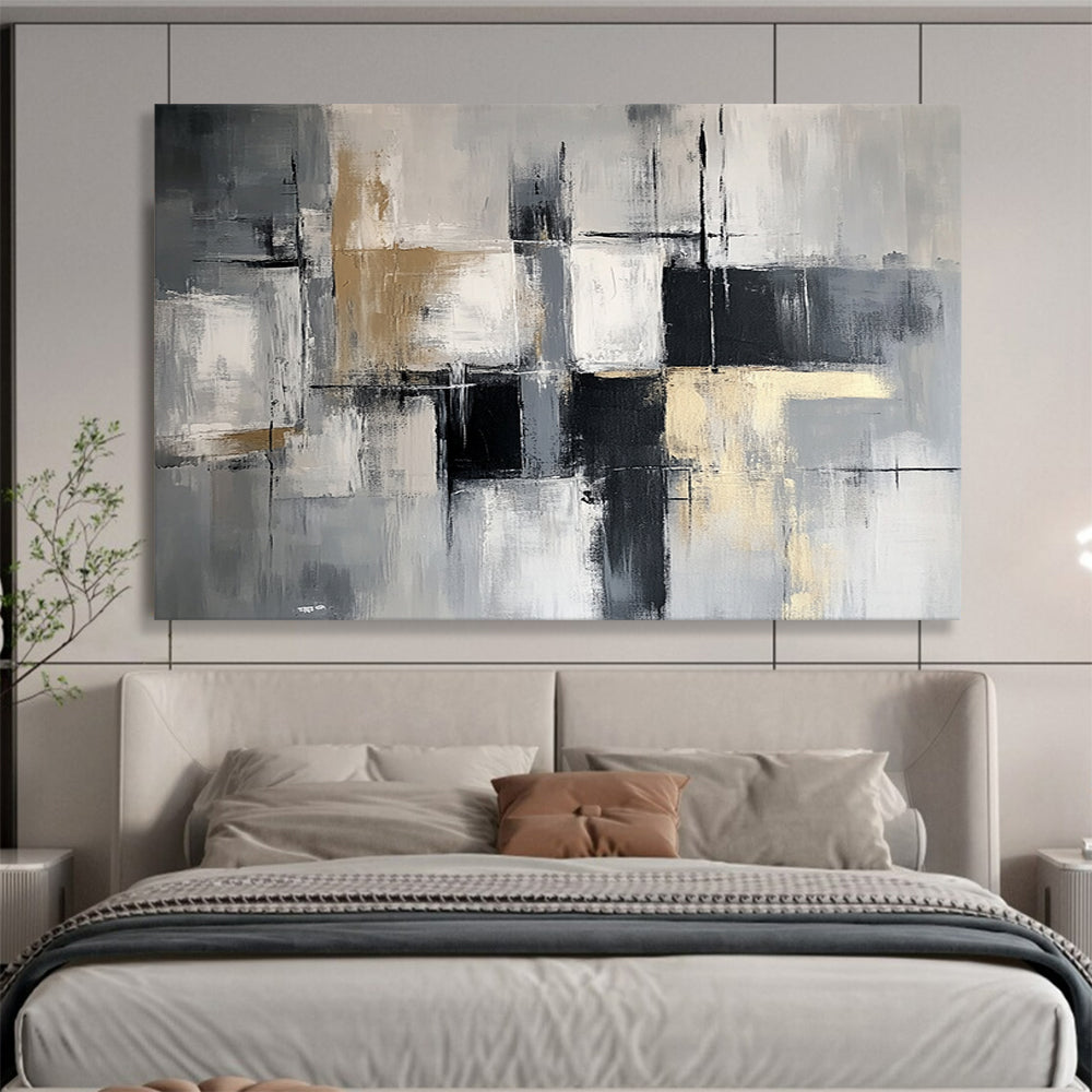“Monochromatic Geometric Abstract” - Gray, white, beige, black; Geometric abstract in monochromatic tones; Acrylic Painting On Canvas HB1249