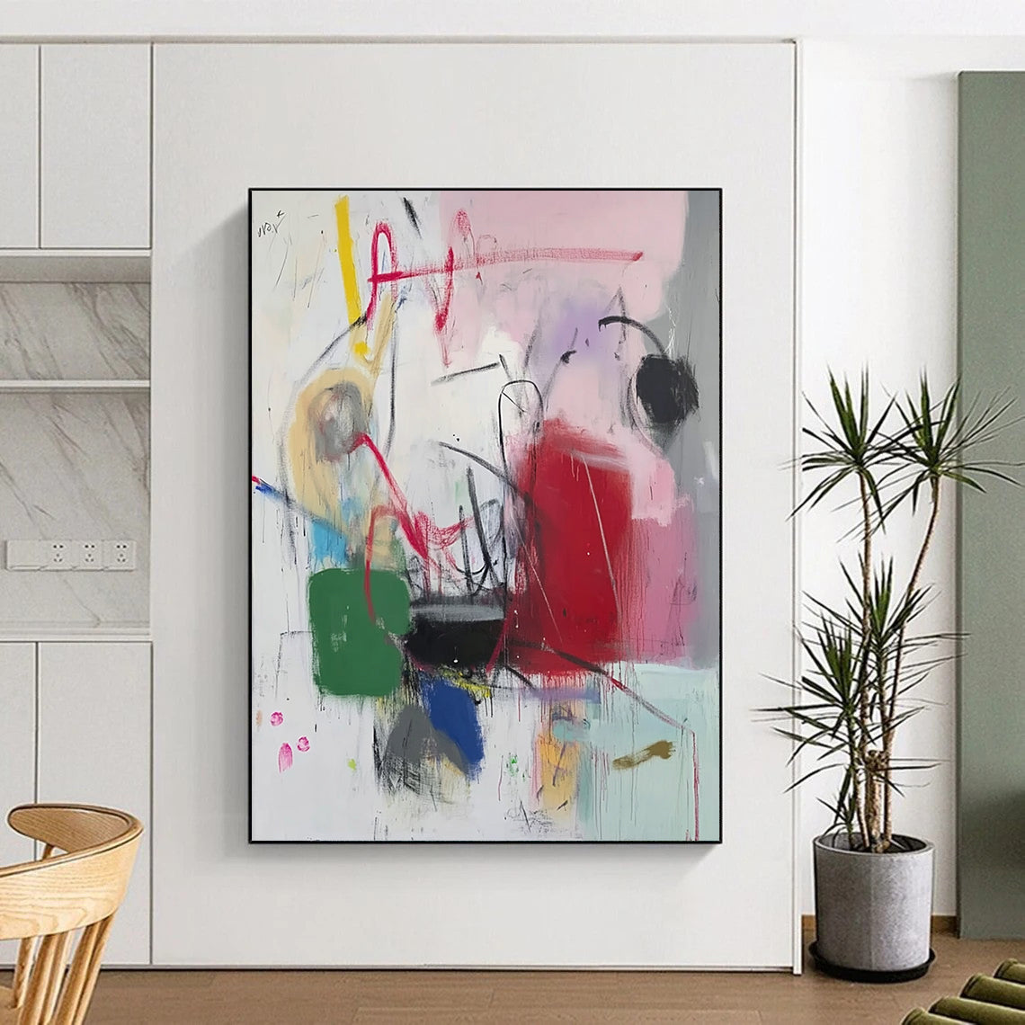 Bold contemporary abstract artwork featuring vibrant pink red green blue white black purple yellow orange hues with expressive scribbles and graffiti elements. DLZ1049
