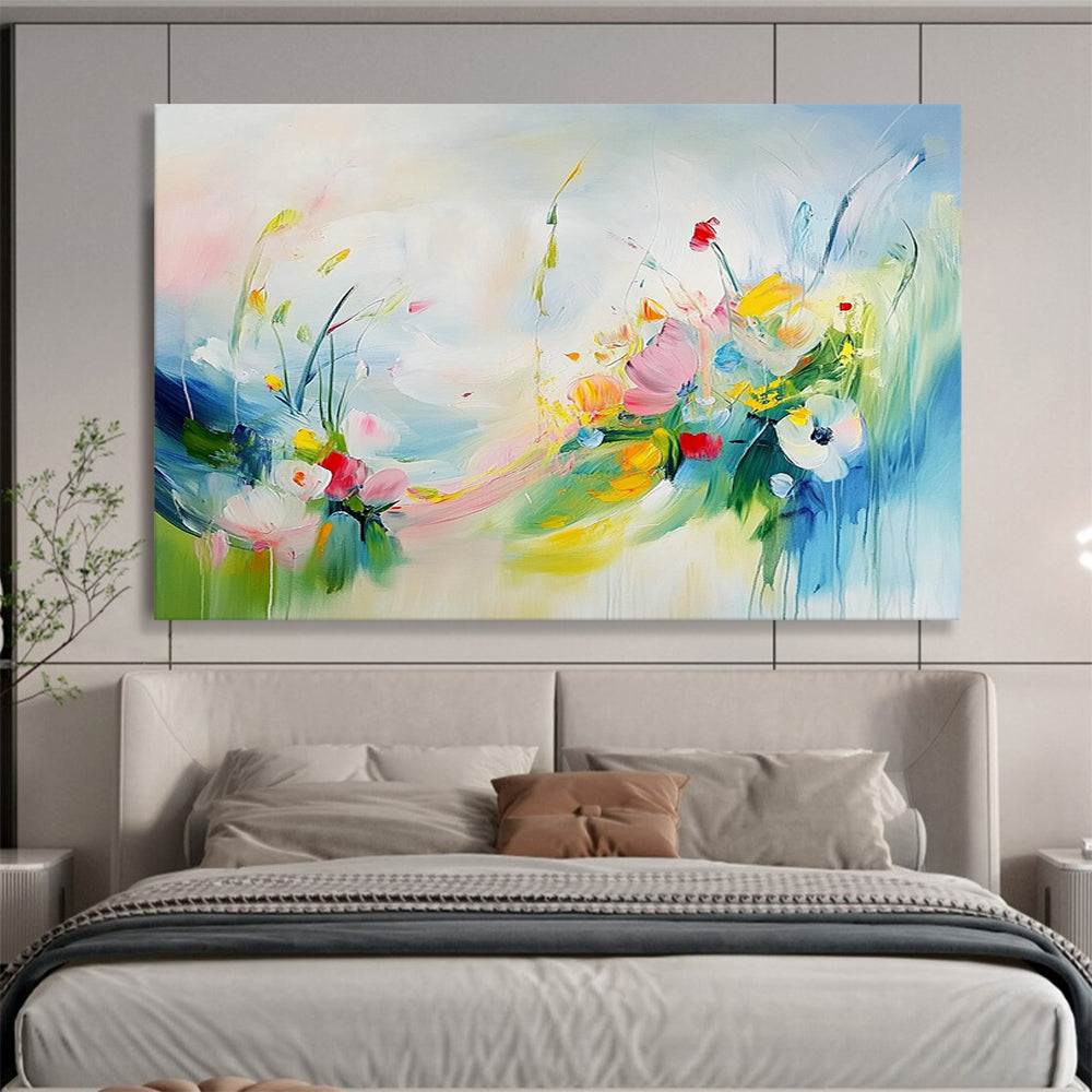“Colorful Floral Breeze” - Pink, Yellow, Blue, Whimsical Flowers and Sky Painting On Canvas HB0937