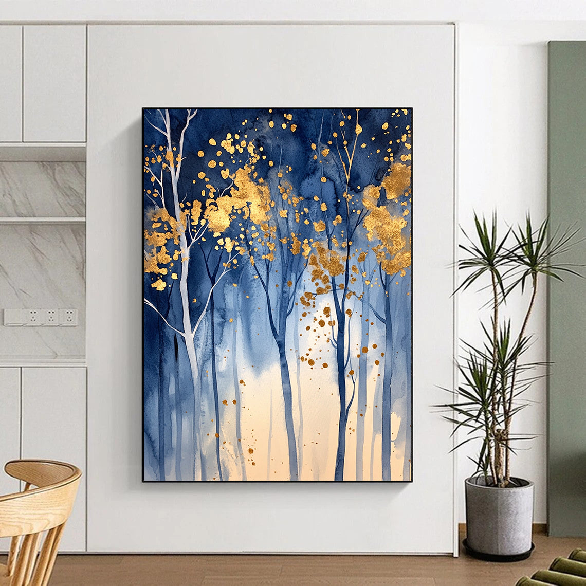 Contemporary hand-painted abstract artwork featuring an enchanted blue forest with golden leaf accents and soft lighting that evokes tranquility and magic. DLZ0326