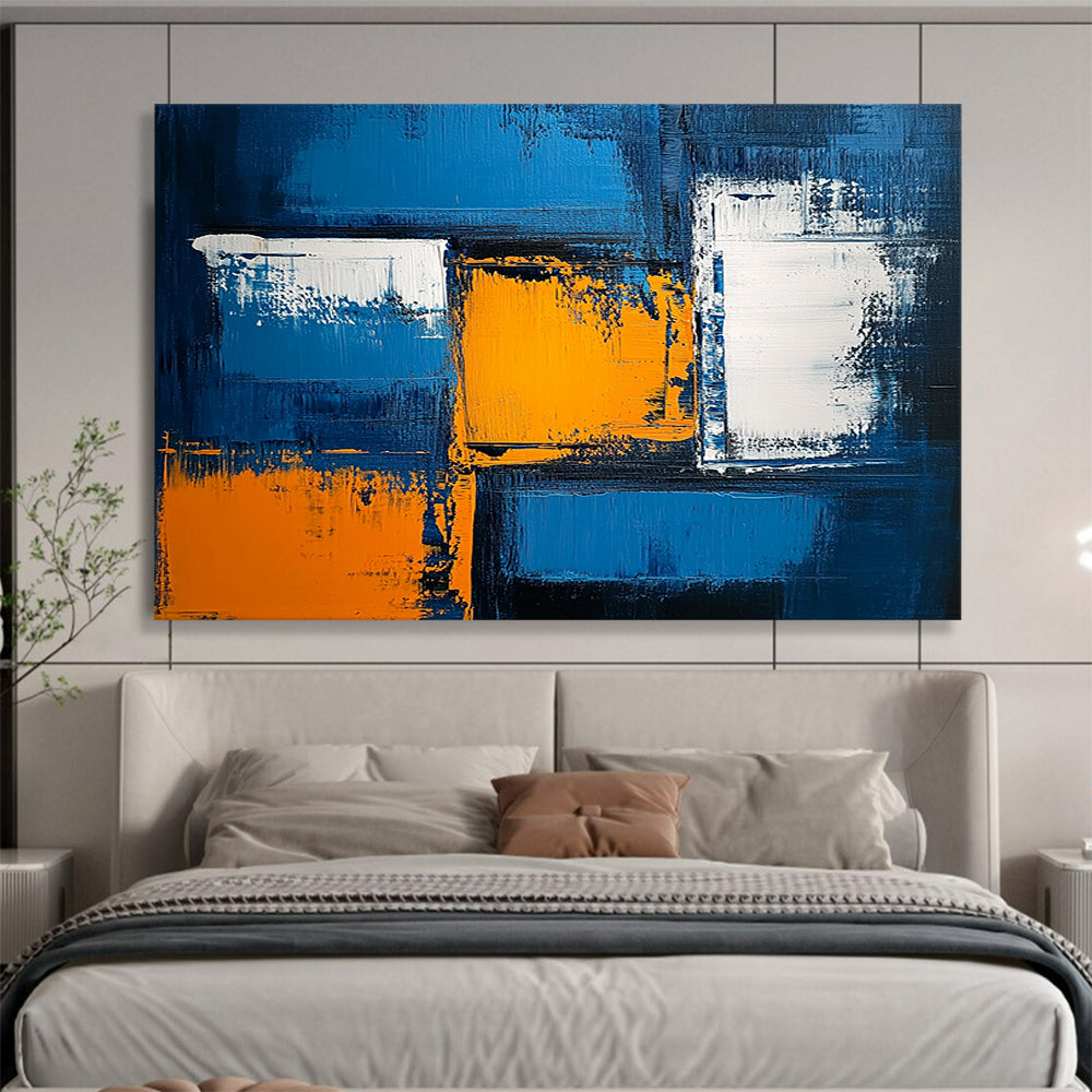 “Vibrant Blue with Orange and White Geometric Accents” - Blue, orange, white; Abstract geometric blocks on a blue background; Acrylic Painting On Canvas HB1230