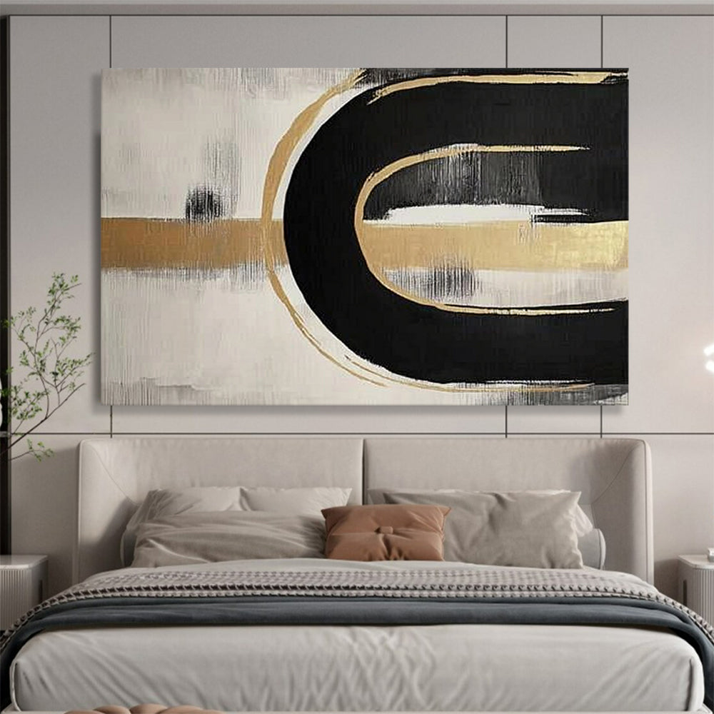 Black, Gold and White Abstract Curves "Elegant Flow" Painting On Canvas HB0412