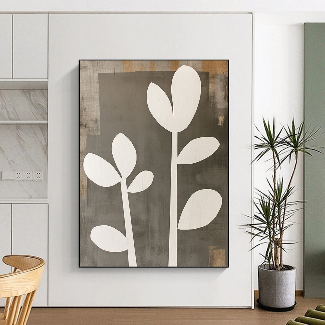 Contemporary abstract artwork featuring gray and white shapes with wooden cut-out flowers offers a striking visual statement for any space. DLZ0792