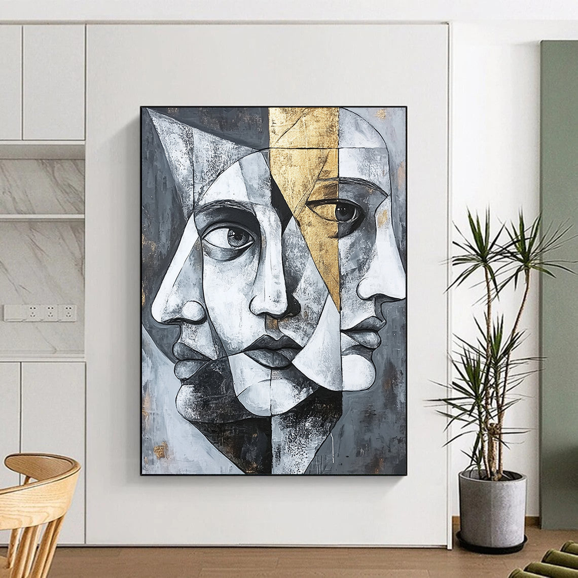 Gray, Black, White and Gold Cubist Portrait "Mystic Visage" Painting On Canvas HB374